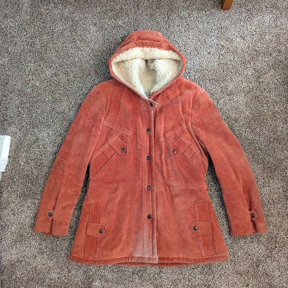 Jackets & Blazers - Rust Suede Hooded Jacket with Sherpa Lining